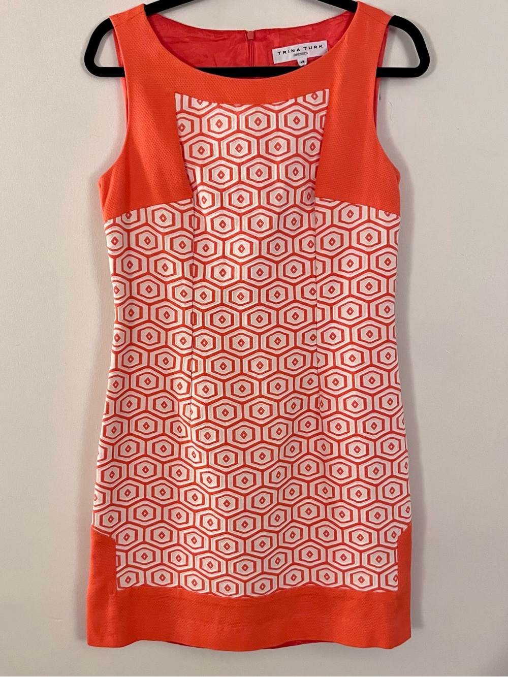 Trina Turk Orange and White Geometric Mini Sheath Dress